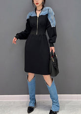 Vestido largo vaquero ajustado de manga larga con cuello en V, cremallera y patchwork en negro